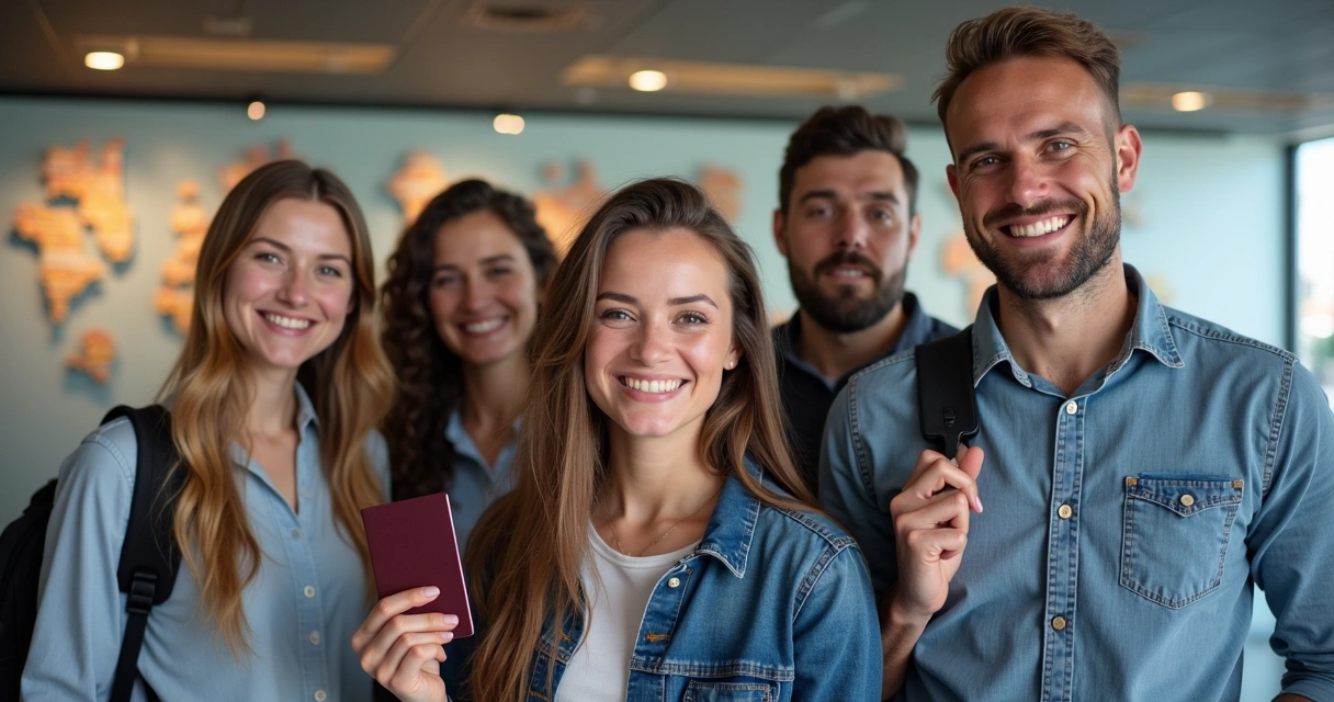 Clientes felizes segurando malas em frente a agência de viagem moderna