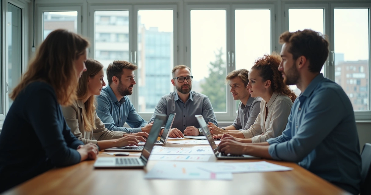 Equipe de escritório reunida revisando documentação de processos