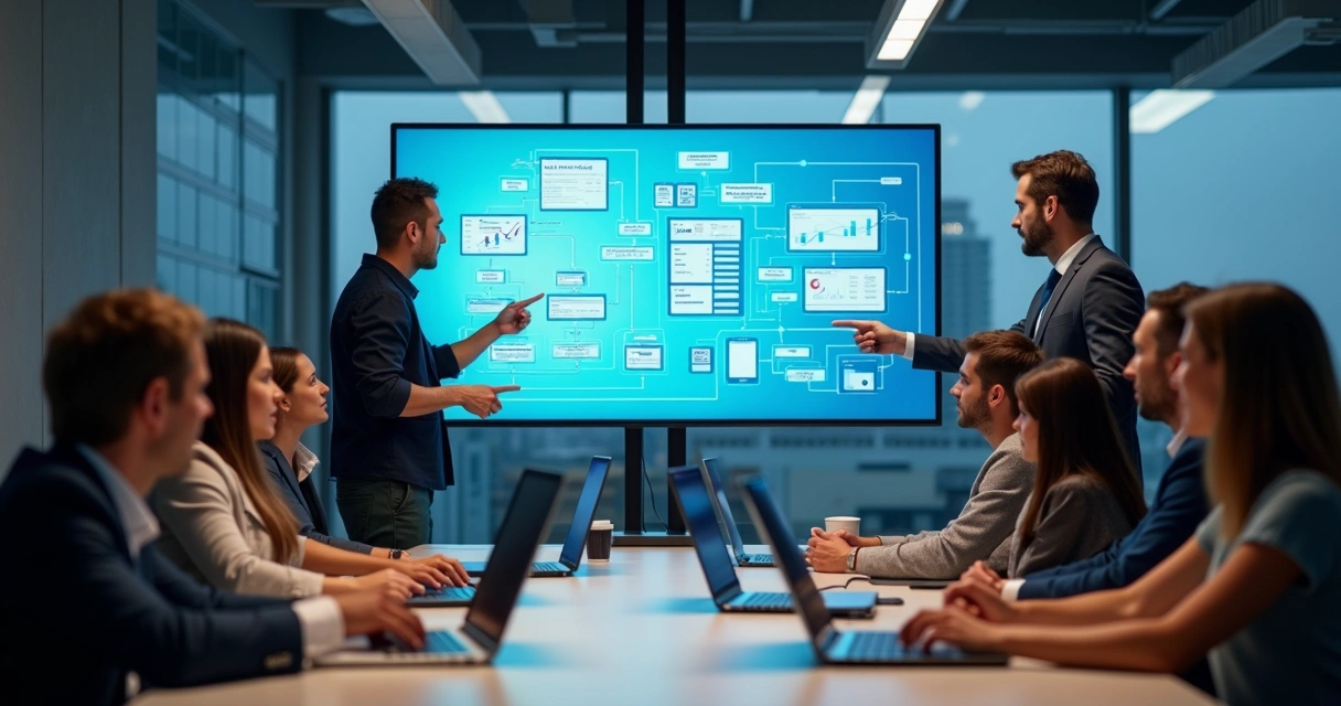 Equipe de tecnologia analisando processos de uma agência de viagens 